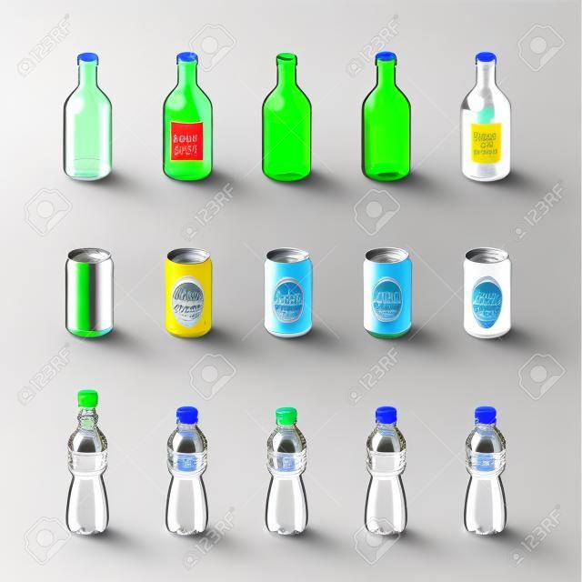 Illustrazione di bottiglia di vetro trasparente, lattina di alluminio e bottiglie di plastica in bevanda di colore diverso modifica con le etichette.
