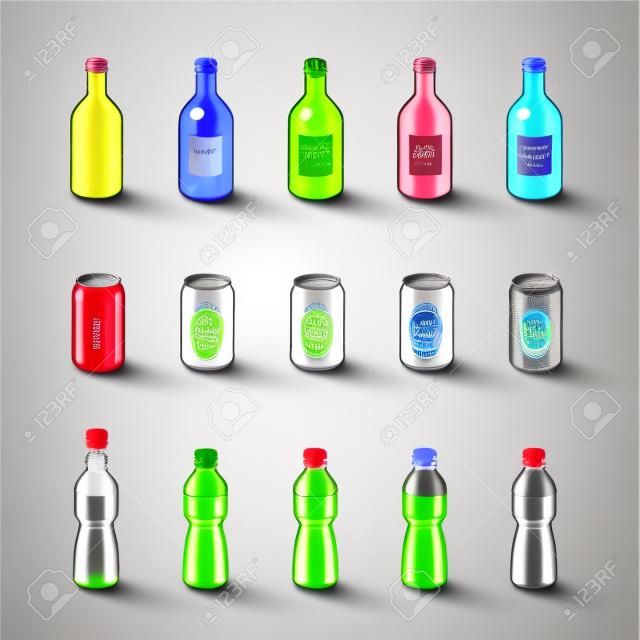 Illustratie van heldere glazen fles, aluminium blik en plastic fles in verschillende kleur drank modificatie met etiketten.