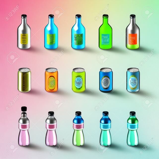 Illustrazione di bottiglia di vetro trasparente, lattina di alluminio e bottiglie di plastica in bevanda di colore diverso modifica con le etichette.