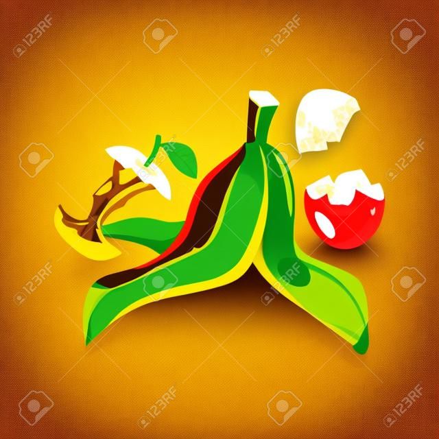 Vektoros illusztráció izolált élelmiszer szemetet szerves szemetet a banánhéjon, alma mag és tojáshéj rajzfilm stílusú.