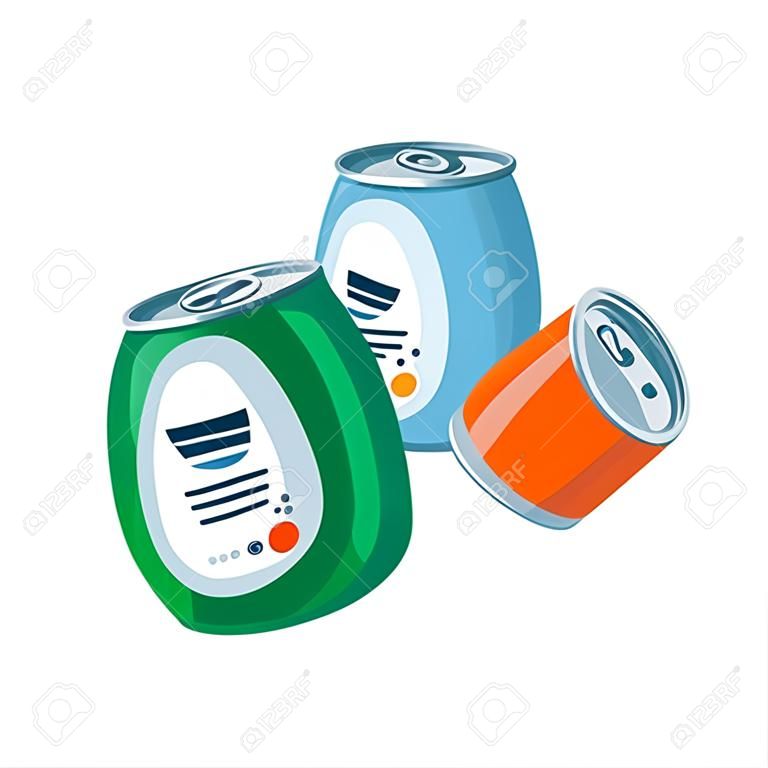Ilustração vetorial de latas de lata esmagadas isoladas em estilo de desenho animado.