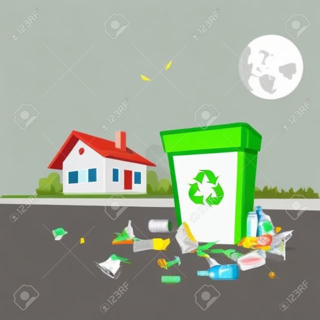 Ilustración del vector de los residuos tirar basura que se han dispuesto de forma inadecuada, sin consentimiento, en un lugar apropiado en torno al cubo de la basura en el exterior de la calle en frente de la casa residencial. Cubo de basura está lleno de basura. La basura ha caído en la gro