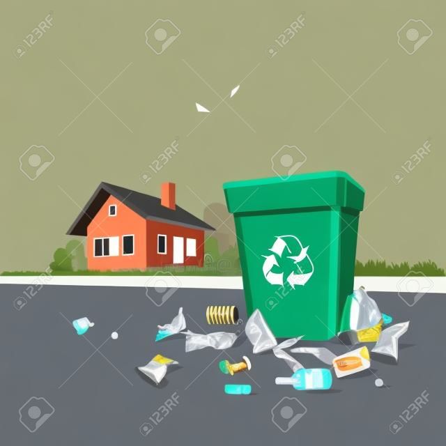 Vector illustratie van vuilnis dat op een ongepaste locatie rond de vuilnisbak aan de buitenkant van de straat voor het woonhuis is verwijderd. Vuilnisbak is vol vuilnis. Vuilnisbak is gevallen op de gro
