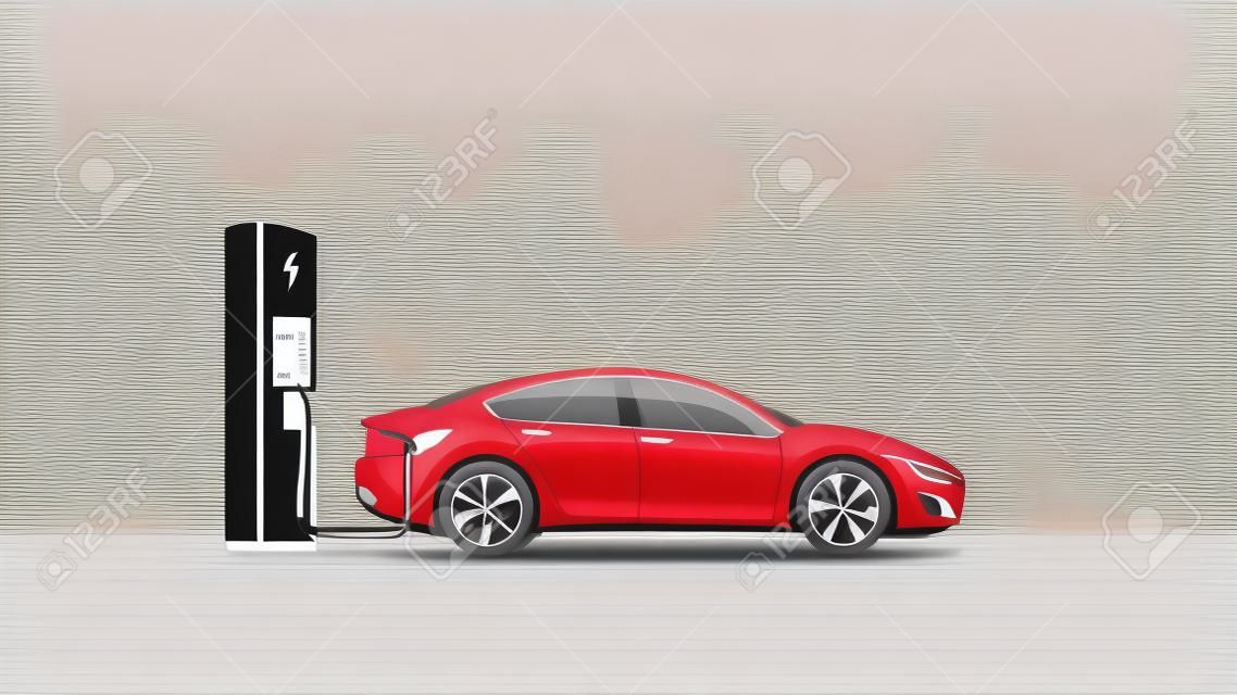 Płaski ilustracji wektorowych czerwonego samochodu elektrycznego ładowania w stacji ładowania. elektromobilność koncepcja e-motion.
