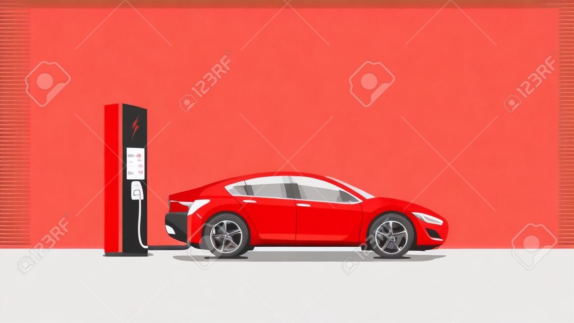 Płaski ilustracji wektorowych czerwonego samochodu elektrycznego ładowania w stacji ładowania. elektromobilność koncepcja e-motion.