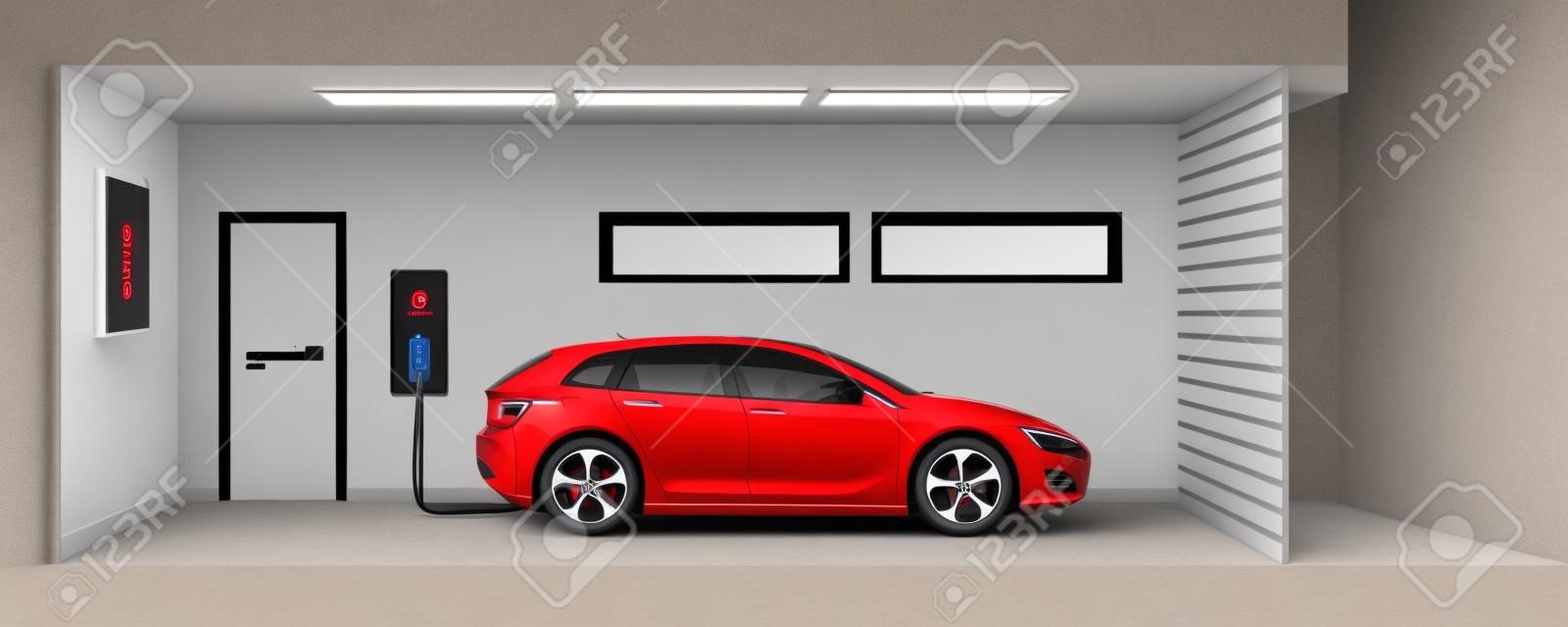 Ilustração plana de um carro elétrico vermelho que carrega no ponto da estação do carregador dentro da garagem da casa. Conceito e-motion doméstico inteligente integrado da eletromobilidade.