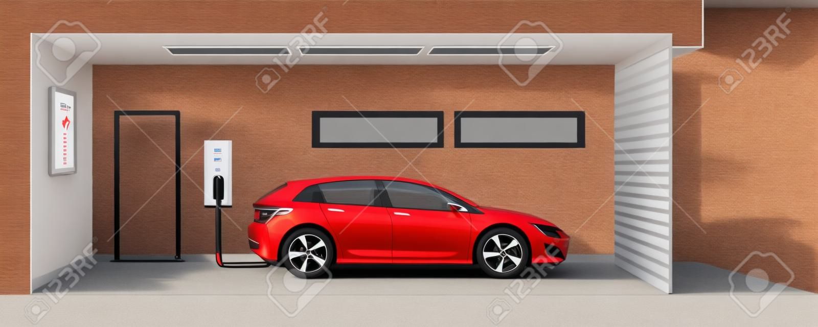 Flat illustration of a red electric car charging at the charger station point inside home garage. Integrated smart domestic electromobility e-motion concept.