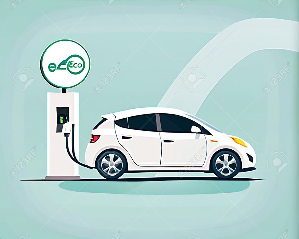 Platte illustratie van een witte elektrische auto opladen op het laadstation met wegwijzer. Elektromobiliteit eco e-motion concept. Elektrische auto opladen op pastel turquoise achtergrond.