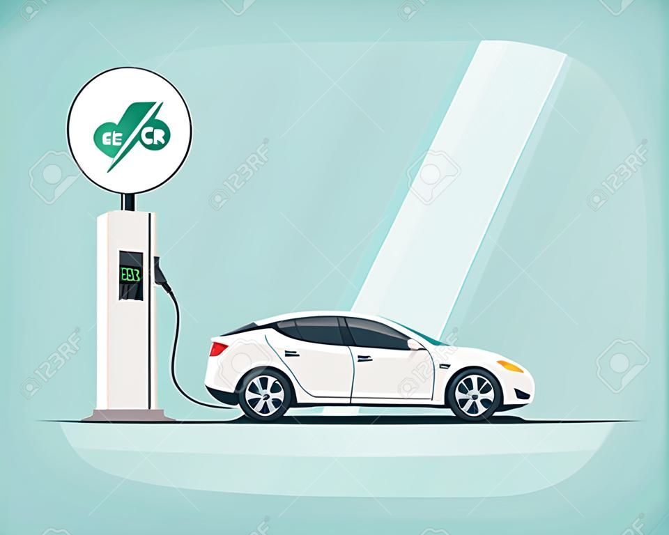 Platte illustratie van een witte elektrische auto opladen op het laadstation met wegwijzer. Elektromobiliteit eco e-motion concept. Elektrische auto opladen op pastel turquoise achtergrond.