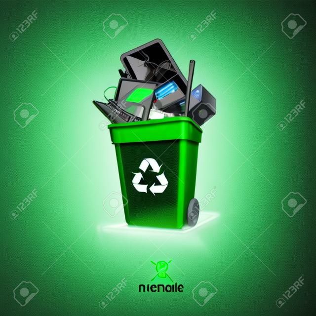 电子废物回收箱的绿色废弃电气和电子设备如计算机监控垃圾分离电子垃圾手机广播电视摄像机的键盘和鼠标可以在汽车电池铁白色背景概念