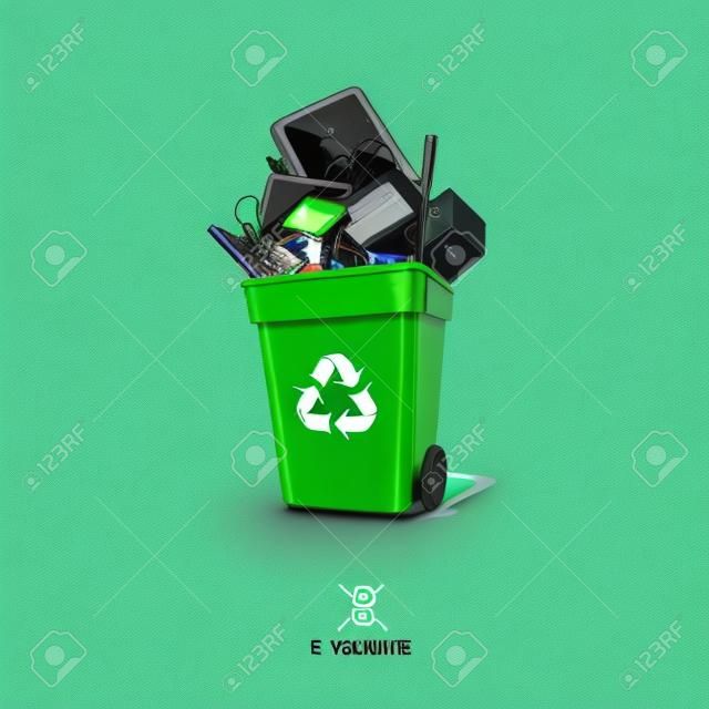 Электронные отходы в зеленый мусорный ящик с выброшенных электрических и электронных устройств, таких как монитор компьютера, мобильный телефон, радио, телевизор, видеокамеры, клавиатуры, батареи автомобиля, железо и мышь. Изолированные электронные отходы в концепции мусорных на белом backgro