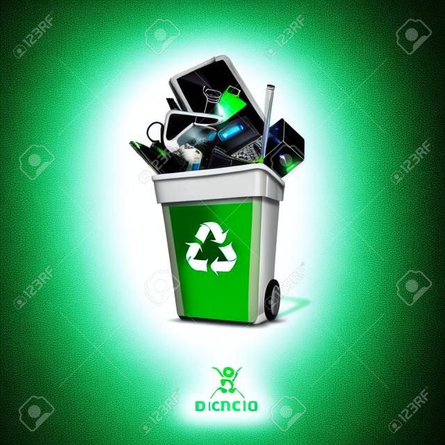 Electronic waste in green recycling bin with discarded electrical and electronic devices such as computer monitor, cell phone, radio, television, video camera, keyboard, car battery, iron and mouse. Isolated e-waste in garbage can concept on white backgro