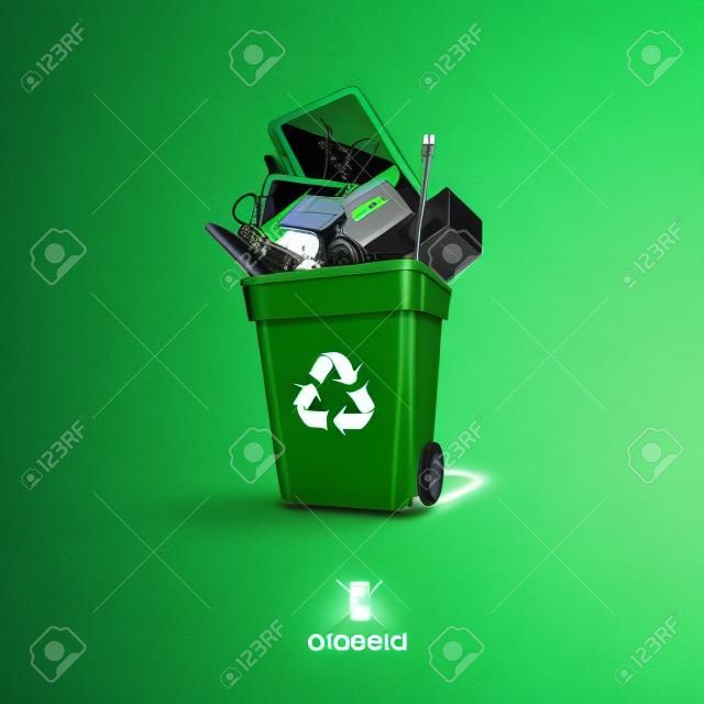 电子废物回收箱的绿色废弃电气和电子设备如计算机监控垃圾分离电子垃圾手机广播电视摄像机的键盘和鼠标可以在汽车电池铁白色背景概念