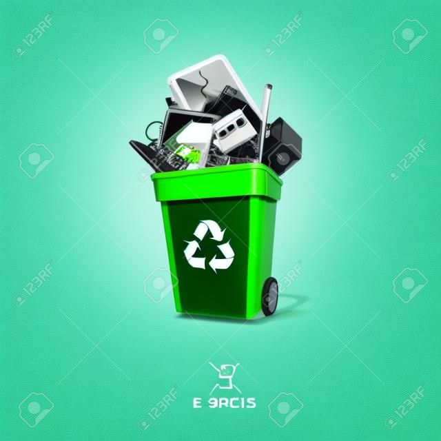 Electronic waste in green recycling bin with discarded electrical and electronic devices such as computer monitor, cell phone, radio, television, video camera, keyboard, car battery, iron and mouse. Isolated e-waste in garbage can concept on white backgro