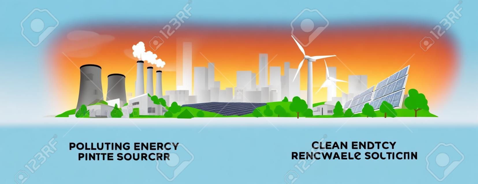 Векторная иллюстрация, показывающая производство чистой и загрязняющей электроэнергии. Загрязнение ископаемого энергетического угля и атомных электростанций по сравнению с чистыми солнечными батареями и возобновляемыми источниками энергии ветряных турбин.