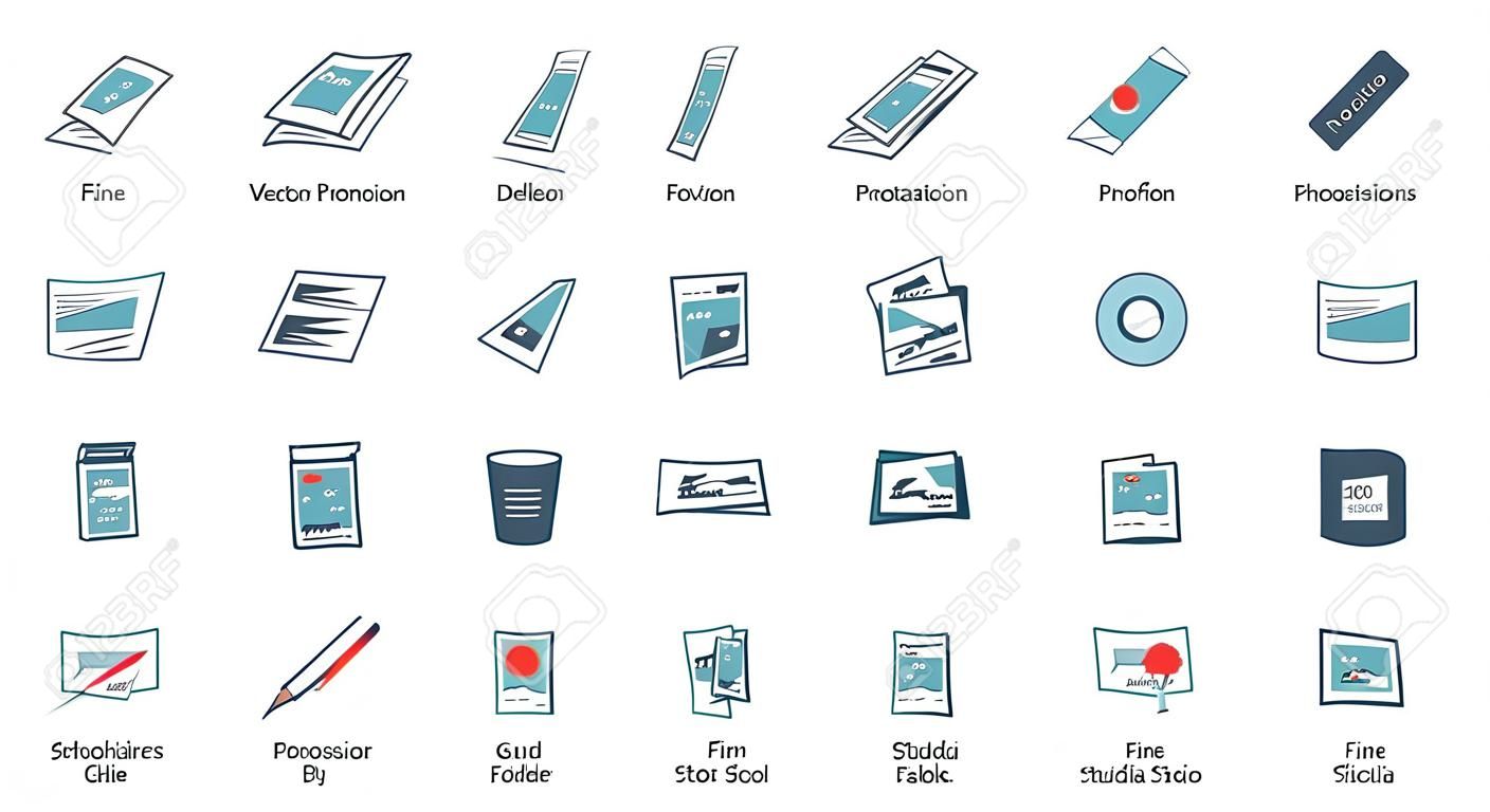 Set of vector printout icons. Brochure, business card, flyer, magazine, postcard, poster, banner, rollup, sticker, mug, folder, other printing shop products. Promotion print advertising materials.