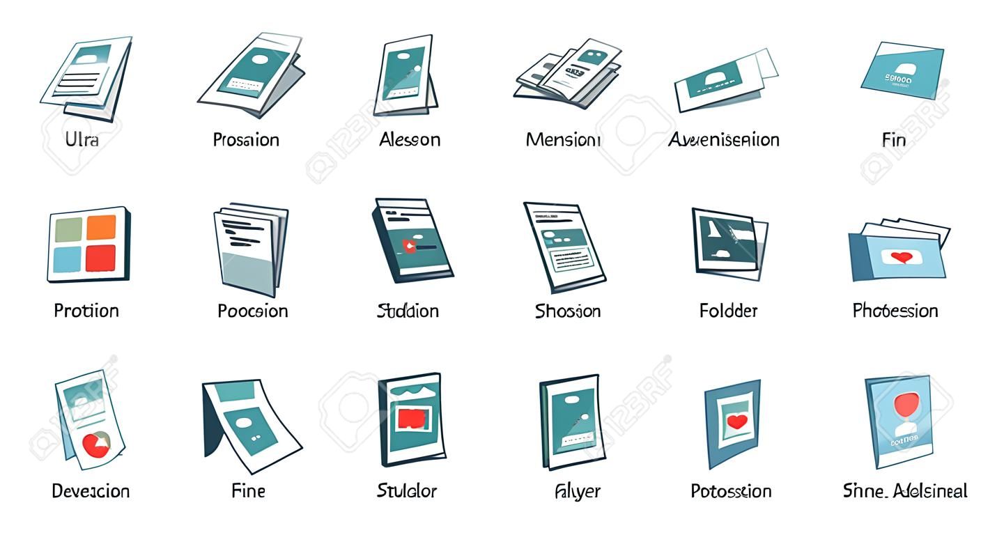 Set of vector printout icons. Brochure, business card, flyer, magazine, postcard, poster, banner, rollup, sticker, mug, folder, other printing shop products. Promotion print advertising materials.