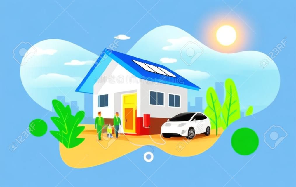 Elektrische auto parkeren opladen thuis muur doos lader station op huis met een gezin. Duurzame energie opslag met zonnepanelen en slimme stad skyline op de achtergrond. Vector illustratie.