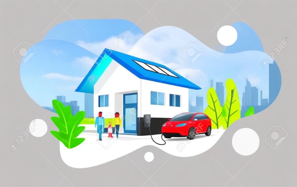 Estacionamiento de automóviles eléctricos que se carga en la estación de carga de la caja de pared de la casa en la casa con una familia. Almacenamiento de energía renovable con paneles solares y el horizonte de la ciudad inteligente en el fondo. Ilustración de vector.
