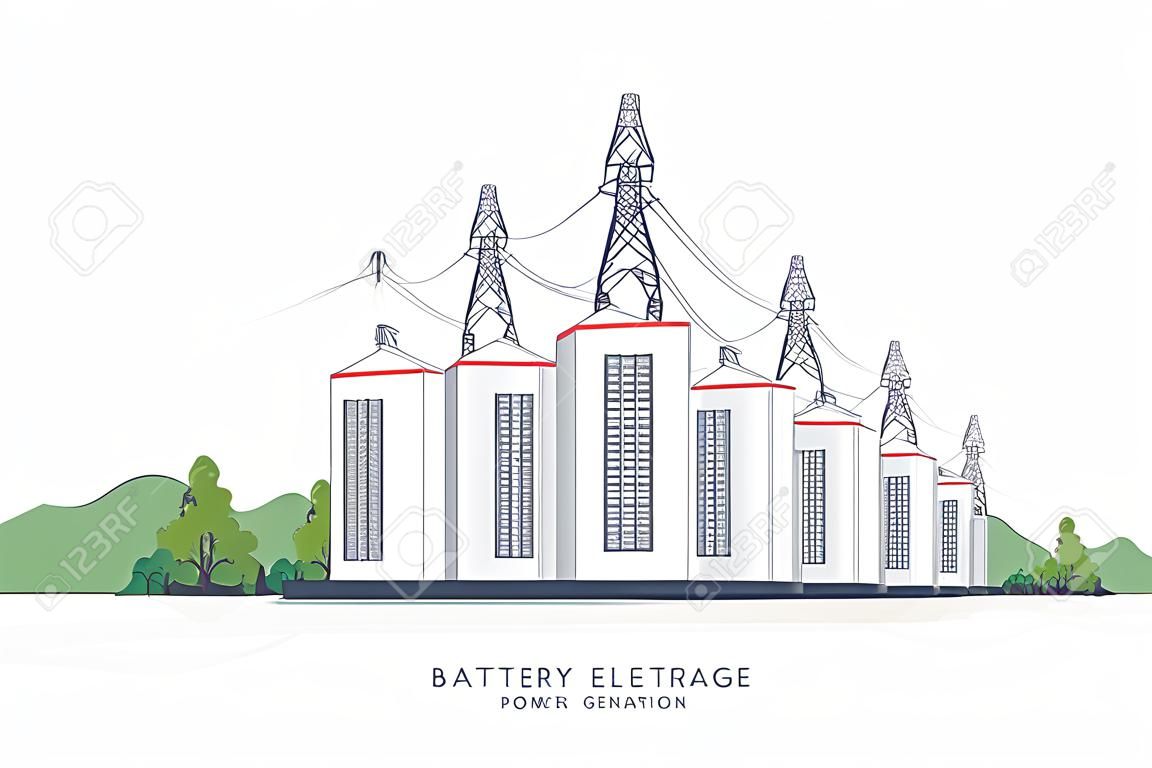 Large rechargeable battery energy storage from renewable electric power generation. Backup system with high voltage electricity power transmission on white background.