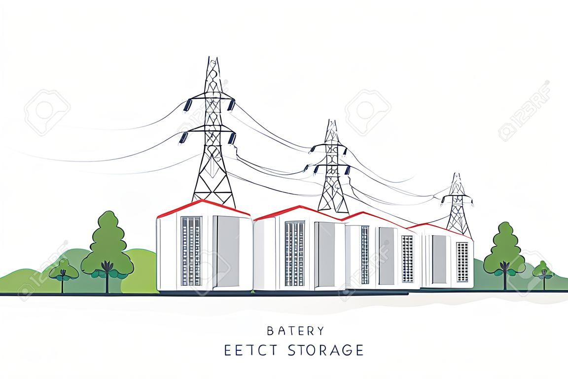 Large rechargeable battery energy storage from renewable electric power generation. Backup system with high voltage electricity power transmission on white background.