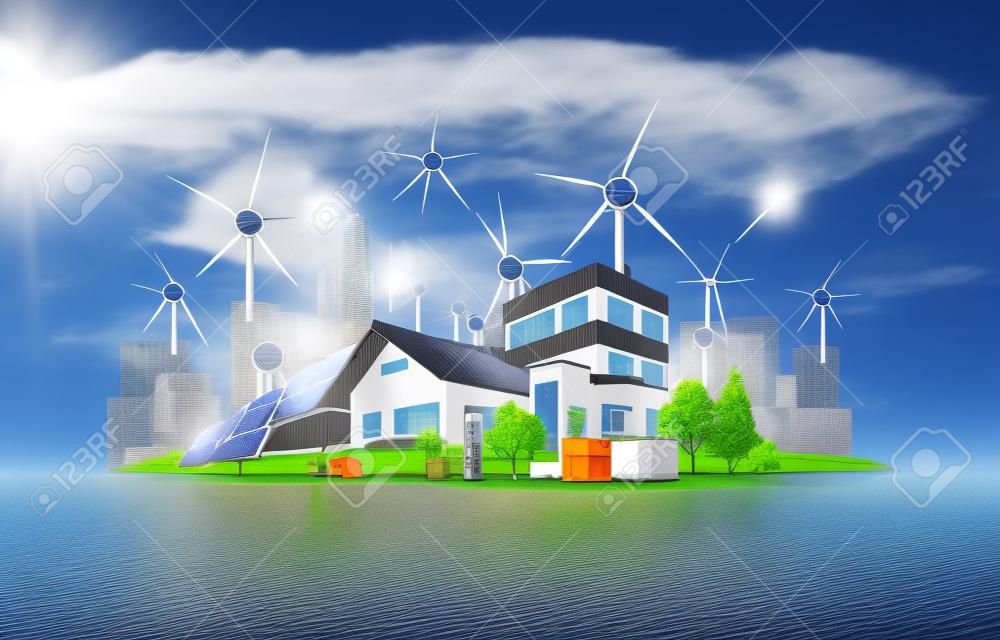 Smart renewable energy power grid system. Off-grid building city battery storage sustainable island electrification. Electric car charging with solar panels, wind, high voltage power grid and city.