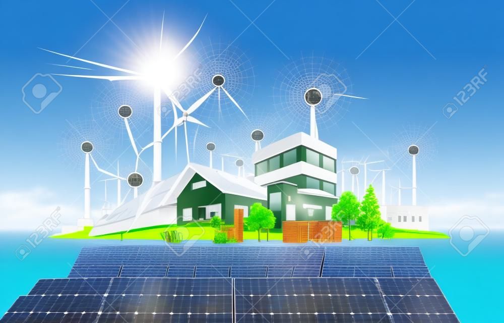 Smart renewable energy power grid system. Off-grid building city battery storage sustainable island electrification. Electric car charging with solar panels, wind, high voltage power grid and city.