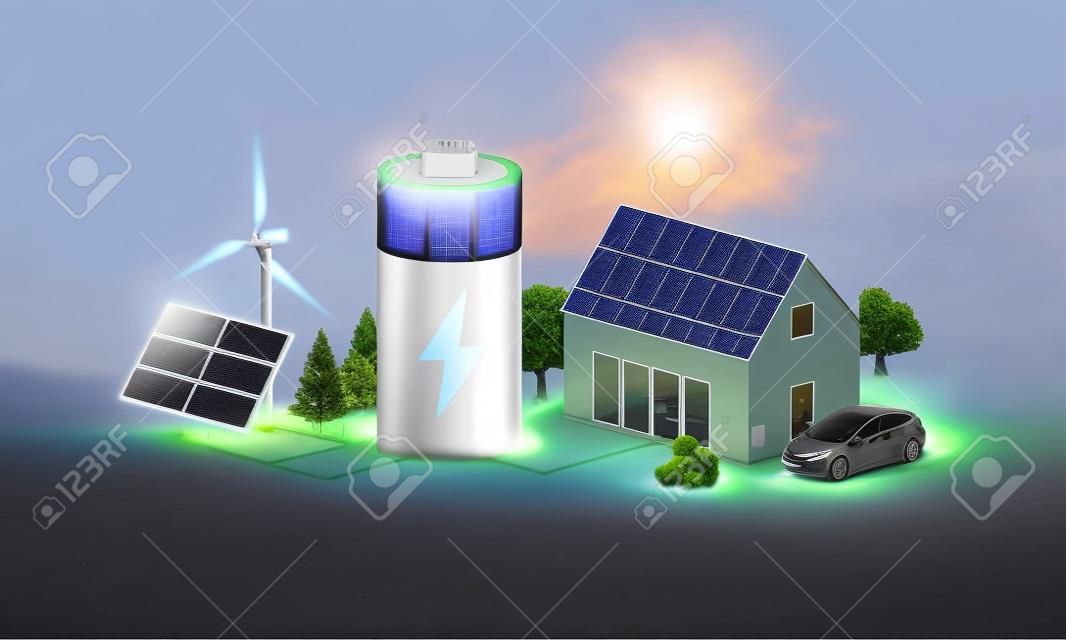 Virtueller Batterie-Energiespeicher zu Hause mit Photovoltaik-Solarmodulen, Wind und wiederaufladbarem Li-Ionen-Strom-Backup. Aufladen von Elektroautos auf einem netzunabhängigen System mit erneuerbarer Smart Power Island.