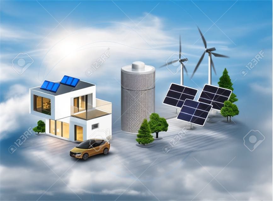 Accumulo di energia della batteria virtuale domestica con impianto di pannelli solari fotovoltaici per la casa moderna, energia eolica e backup di elettricità ricaricabile agli ioni di litio. Ricarica auto elettrica su sistema off-grid rinnovabile smart power.