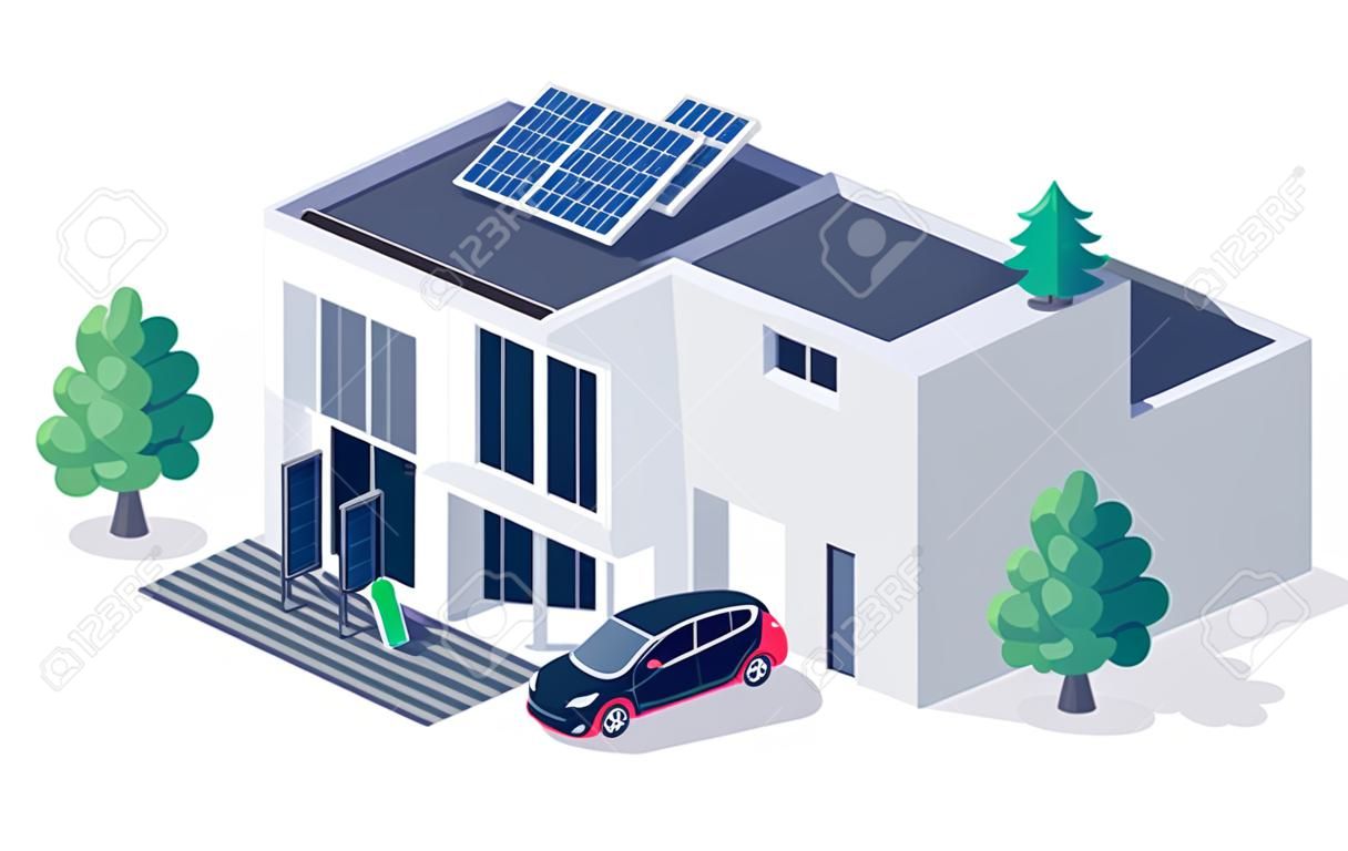 가정용 차고 및 녹색 지붕 벽 상자 충전소 내에서 전기 자동차 주차 충전. 청정 에너지 태양광 패널을 갖춘 현대적인 가족 주택 건물. 재생 가능한 스마트 전력 전기.