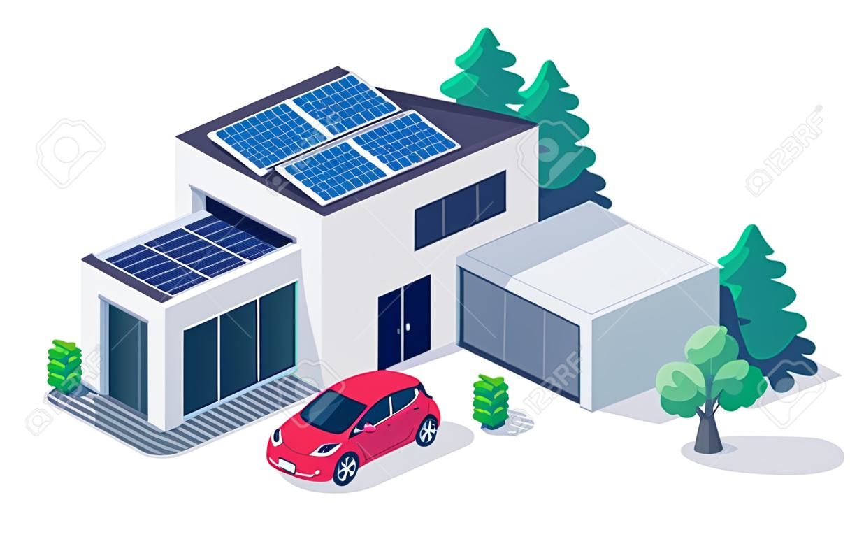 Electric car parking charging inside home garage and green roof wall box charger station. Modern family house building with clean energy photovoltaic solar panels. Renewable smart power electricity.