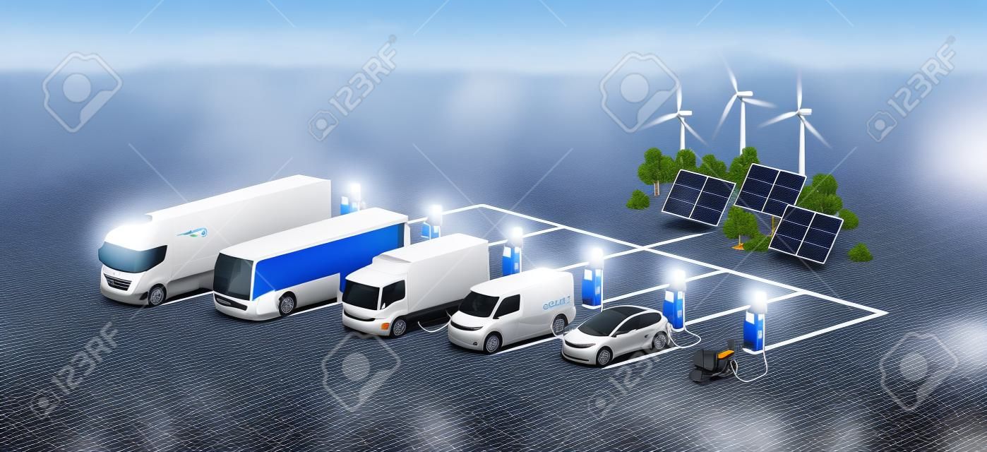 Flotte von Elektroautos des Unternehmens, die auf dem Parkplatz mit Ladestation und vielen Ladeständen aufgeladen werden. Bus, Sattelzugmaschine, Lieferwagen, Motorrad, Geschäftsfahrzeuge auf erneuerbarer Solarwindenergie im Netzwerknetz.