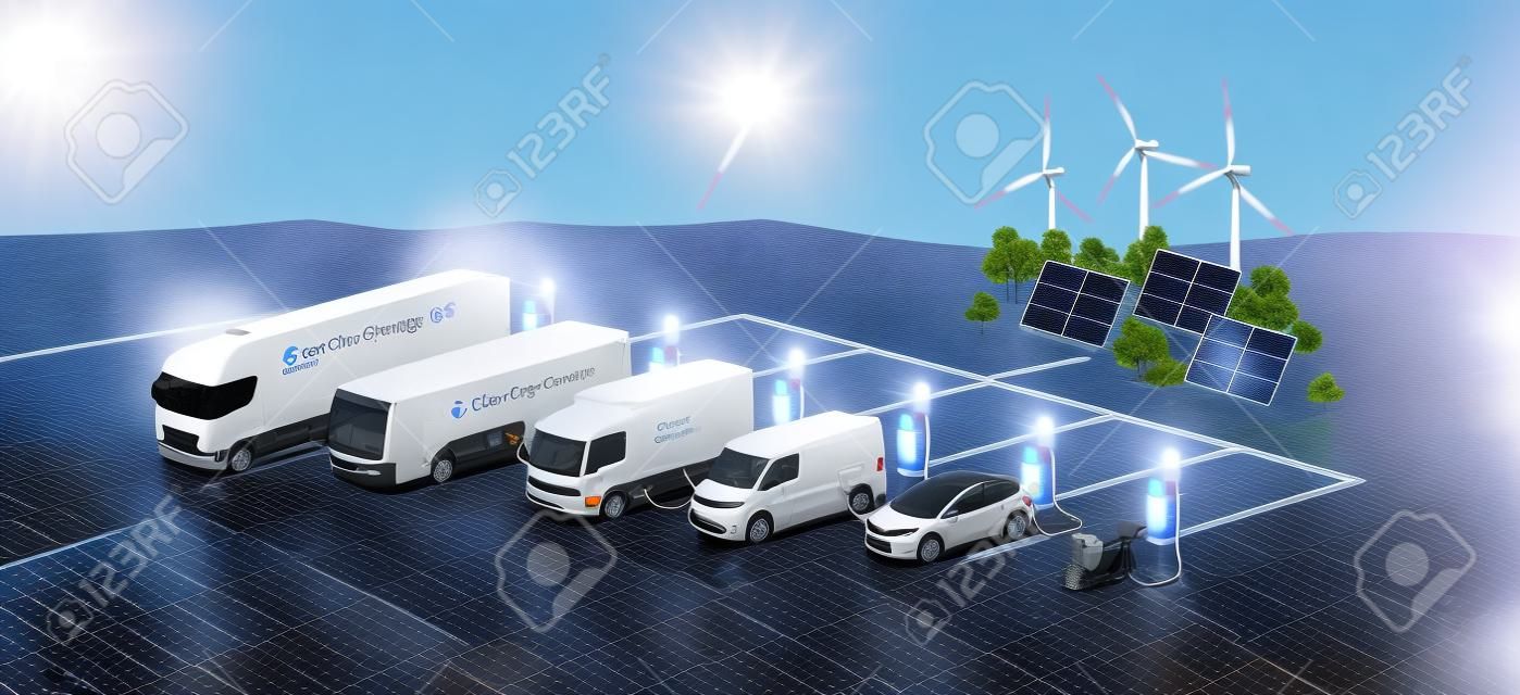 Firmowa flota samochodów elektrycznych ładująca się na parkingu ze stacją ładującą i wieloma stanowiskami do ładowania. autobus, półciężarówka, furgonetka, motocykl, pojazdy służbowe na odnawialnej słonecznej energii wiatrowej w sieci sieciowej.