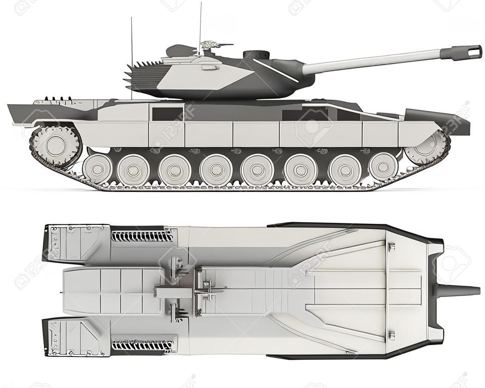 lado do tanque militar e vista superior isolada no branco.