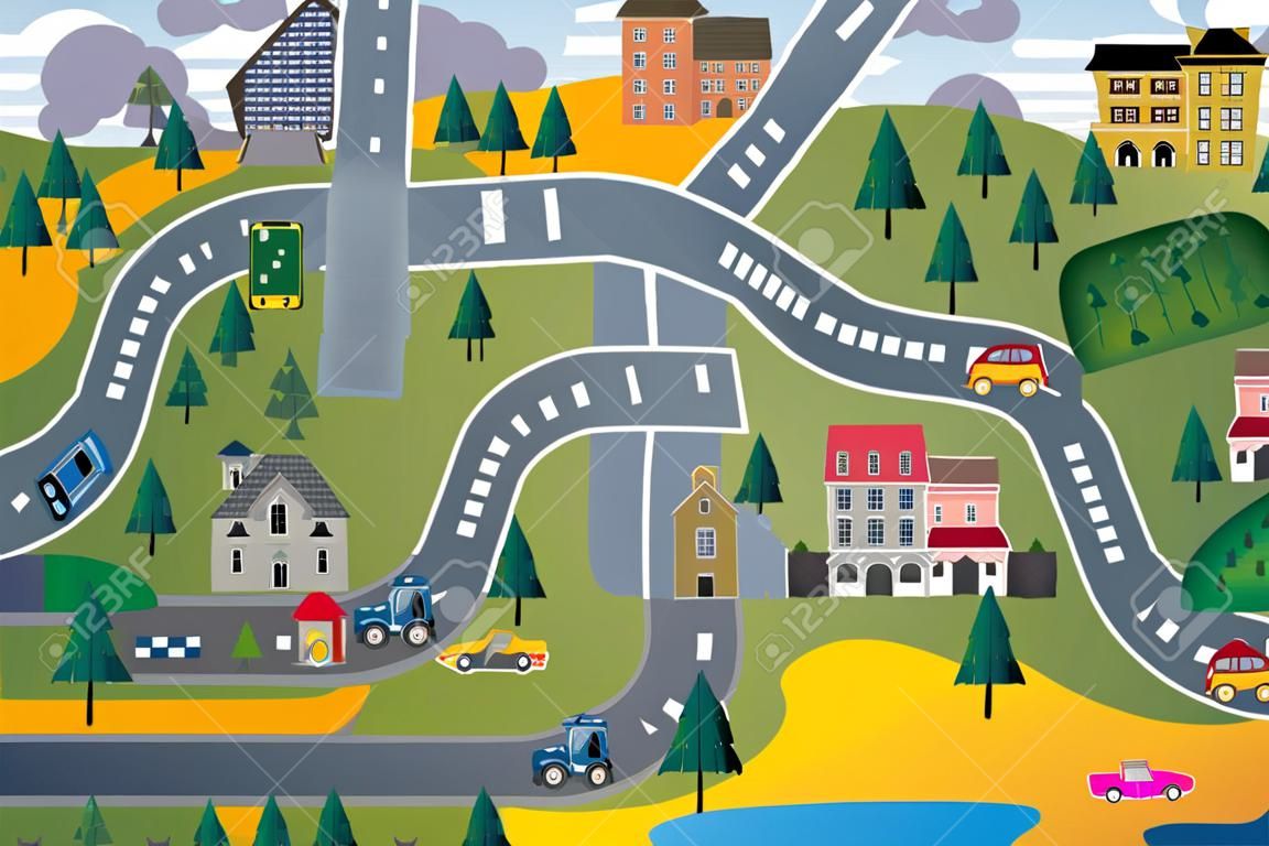 Vector cartoon illustration of children carpet or rug for play with cars. Childlike city landscape with roads and buildings for kids. Hotel, parking lot, school, beach, playground, shop, barn, forest.