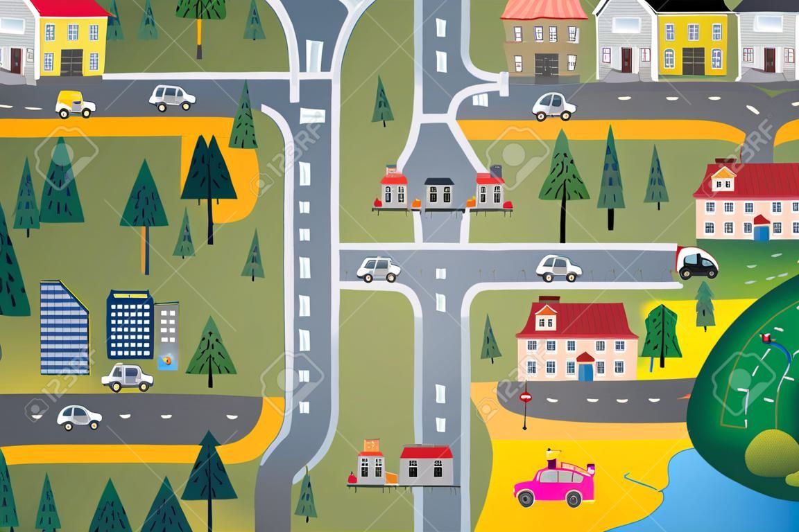 Vector cartoon illustration of children carpet or rug for play with cars. Childlike city landscape with roads and buildings for kids. Hotel, parking lot, school, beach, playground, shop, barn, forest.