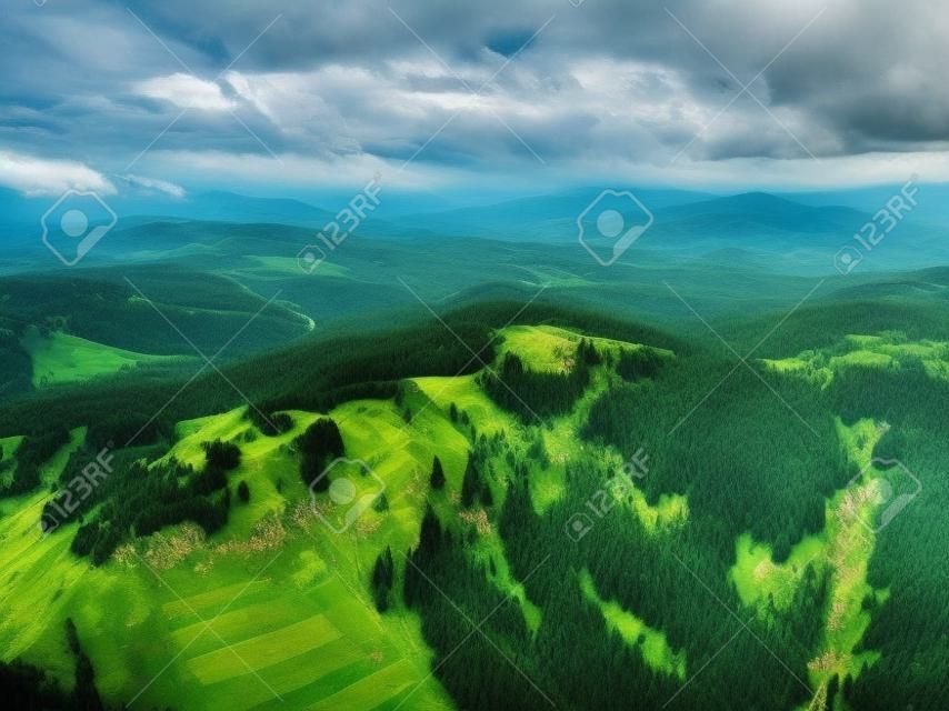 aerial view of carpathian mountains in overcast weather. landscape