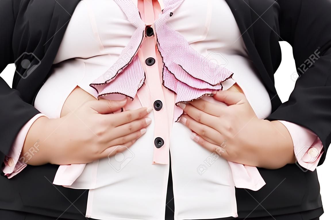 Chubby businesswoman cannot button up her clothes. belly fat concept