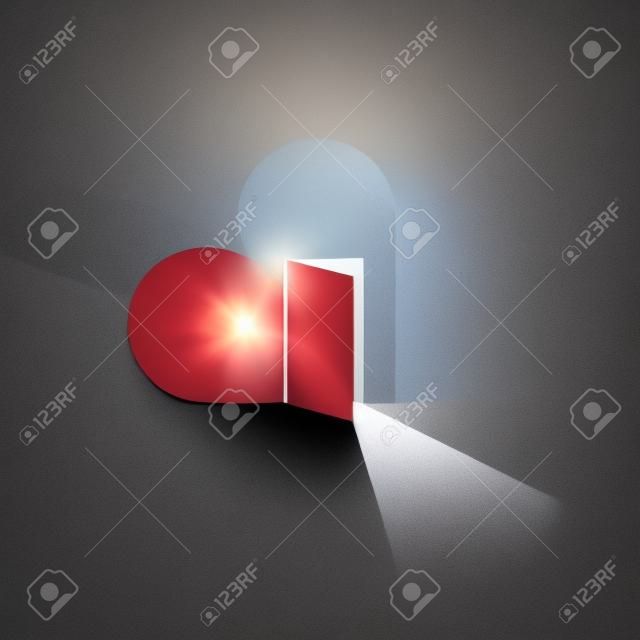 Creative illustration of a heart with open door and light inside 