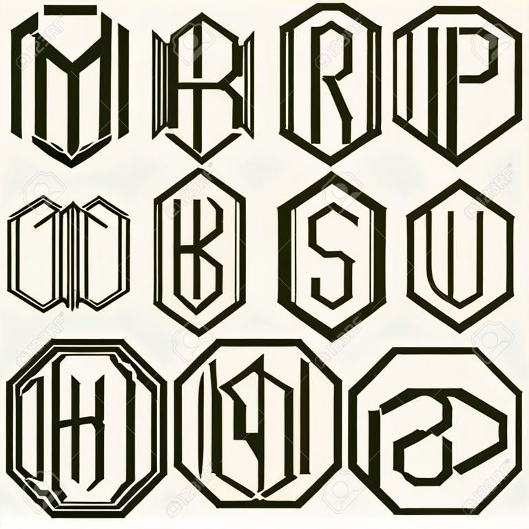 Art Nouveau tarzında bir altıgen içinde yazılı üç harften bir tuğrası oluşturmak için 2 şablon harfleri Set