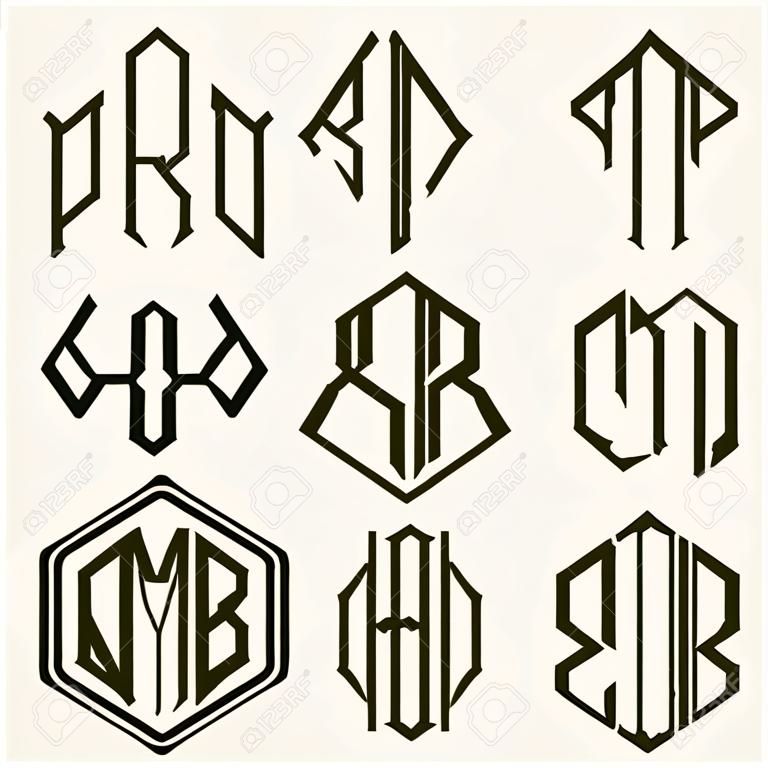 Art Nouveau tarzında bir altıgen içinde yazılı üç harften bir tuğrası oluşturmak için 2 şablon harfleri Set
