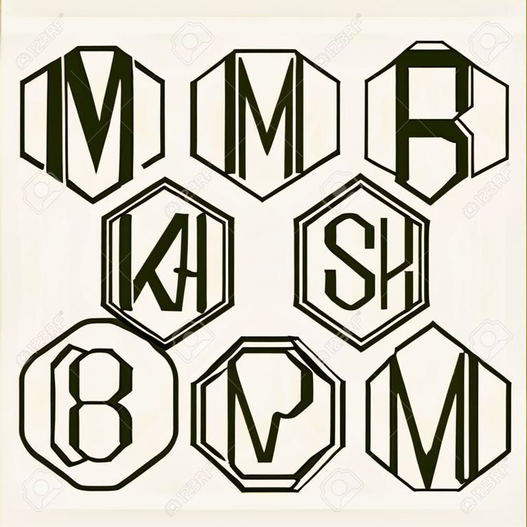 Set 2 modèles de lettres pour créer un monogramme de trois lettres inscrites dans un hexagone de style Art Nouveau