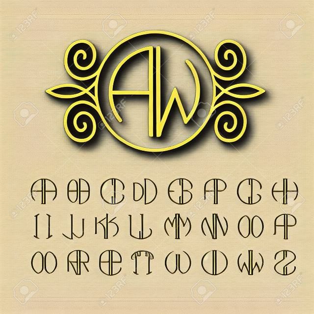 アール ヌーボー様式のサークルで scribed セット テンプレートを作成する文字の 2 文字のモノグラム