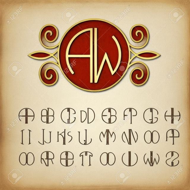Impostare lettere modello per creare monogrammi di due lettere in descritto in un cerchio in stile Art Nouveau