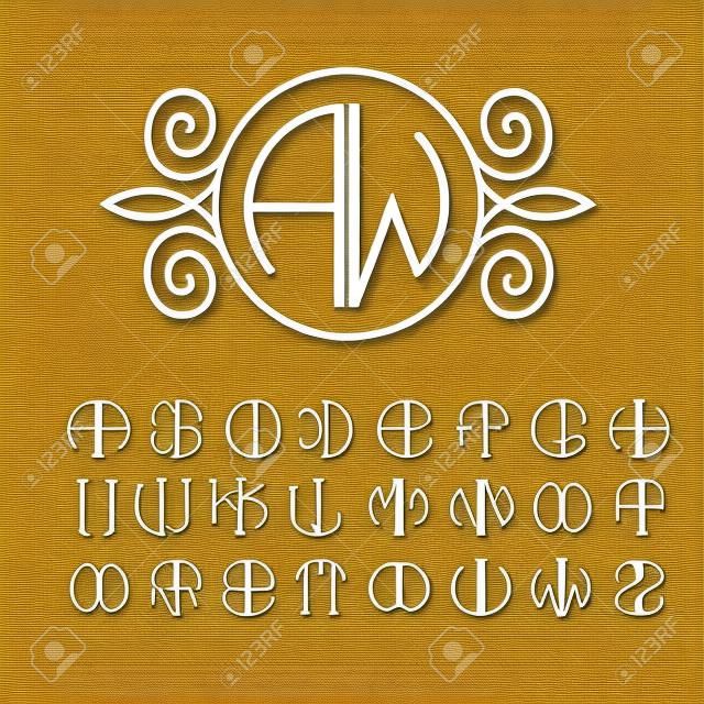 Set  template letters to create monograms of two letters in scribed in a circle in Art Nouveau style