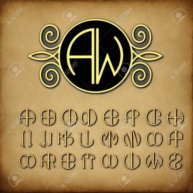Набор шаблонов писем для создания монограммы двух писем в описано в кругу в стиле модерн