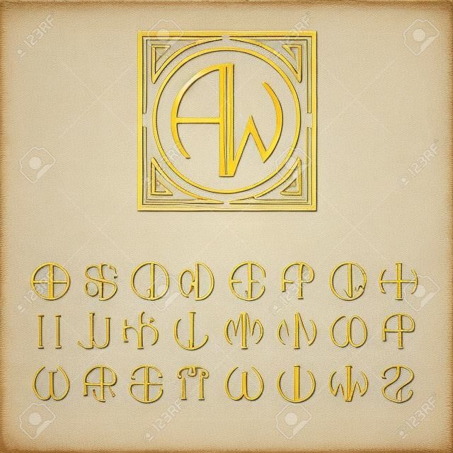 Gyönyörű Monogram szecessziós és egy sor sablonok betűk írt egy kört.