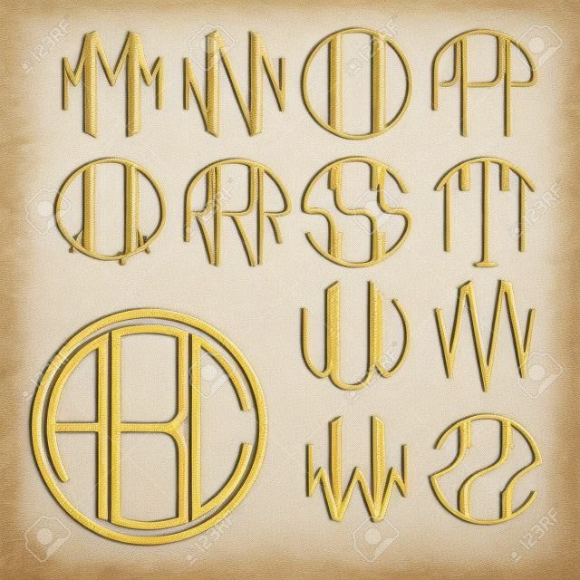 Set 2 cartas de plantilla para crear un monograma de tres letras inscritas en un círculo en estilo Art Nouveau