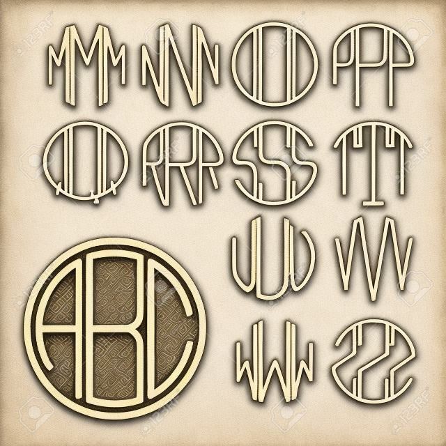 Ustaw 2 litery szablonów do tworzenia monogram z trzech liter wpisanych w okrąg w stylu secesyjnym