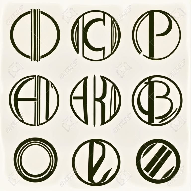 Ustaw 2 litery szablonów do tworzenia monogram z trzech liter wpisanych w okrąg w stylu secesyjnym